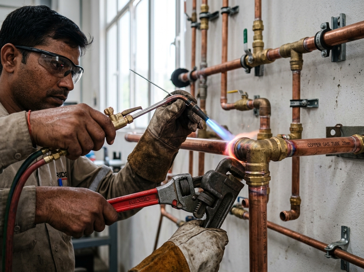 Close-up of professional copper gas pipe installation