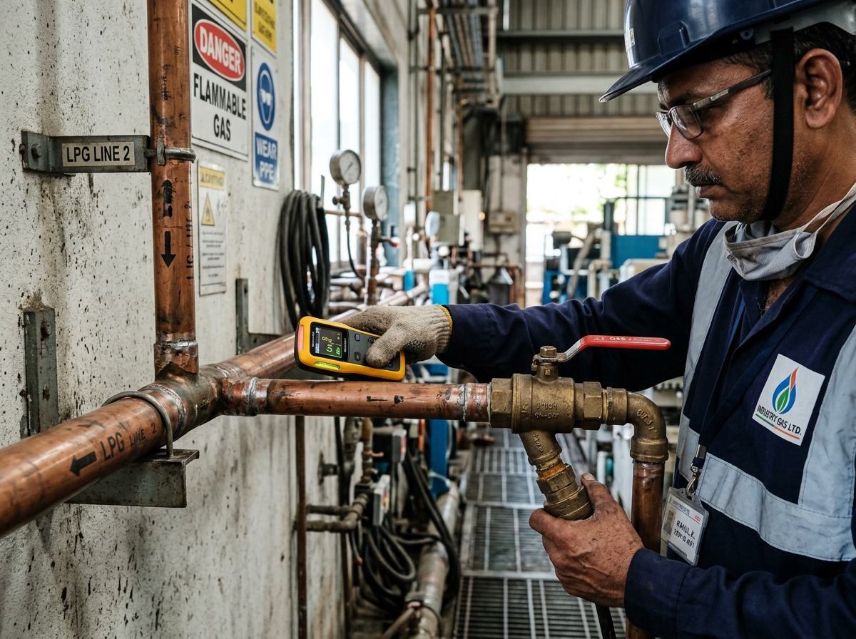 Technician professionally checking gas pipeline for leakage