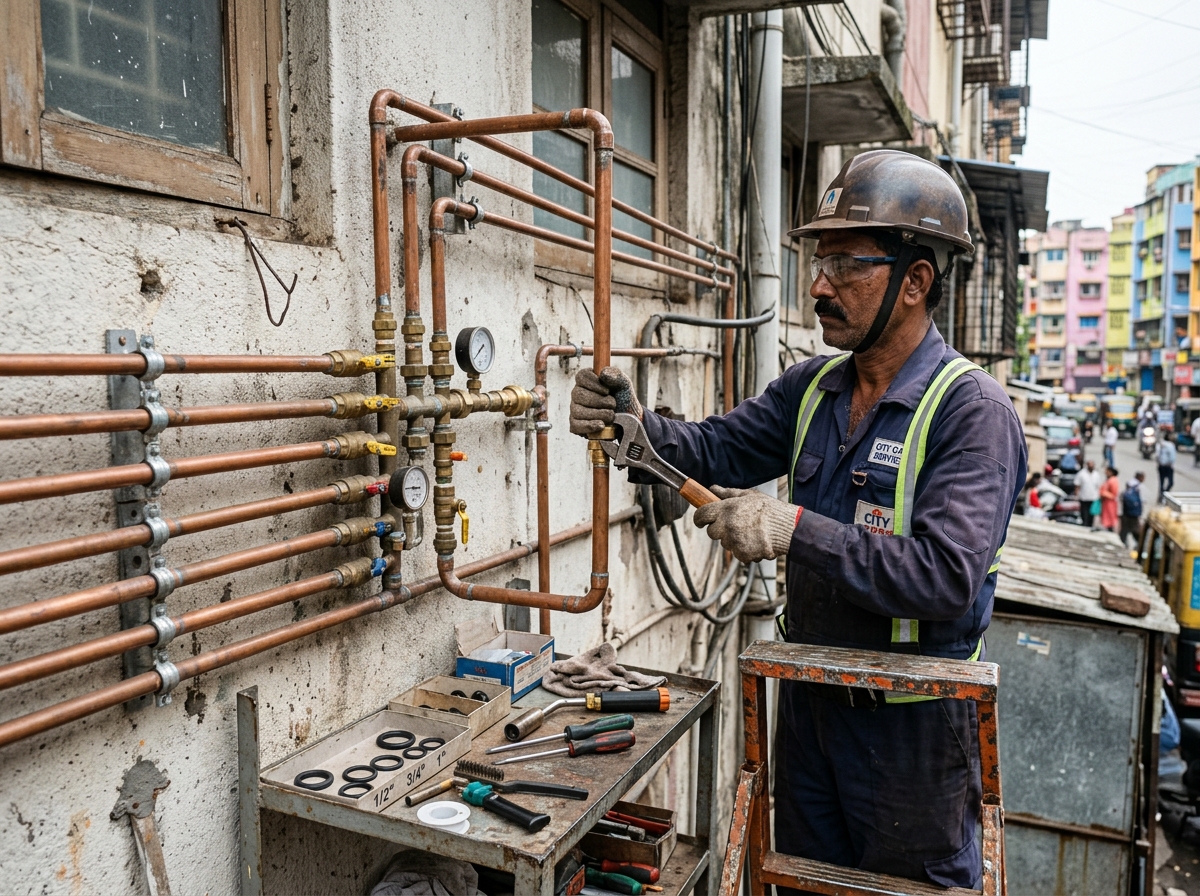 Technician inspecting and maintaining gas pipeline