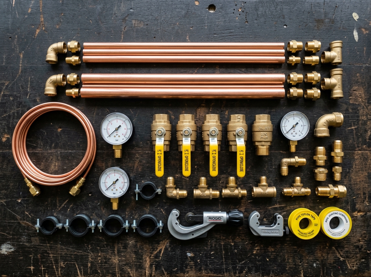 Professional display of copper pipes, valves, fittings and LPG pipeline components