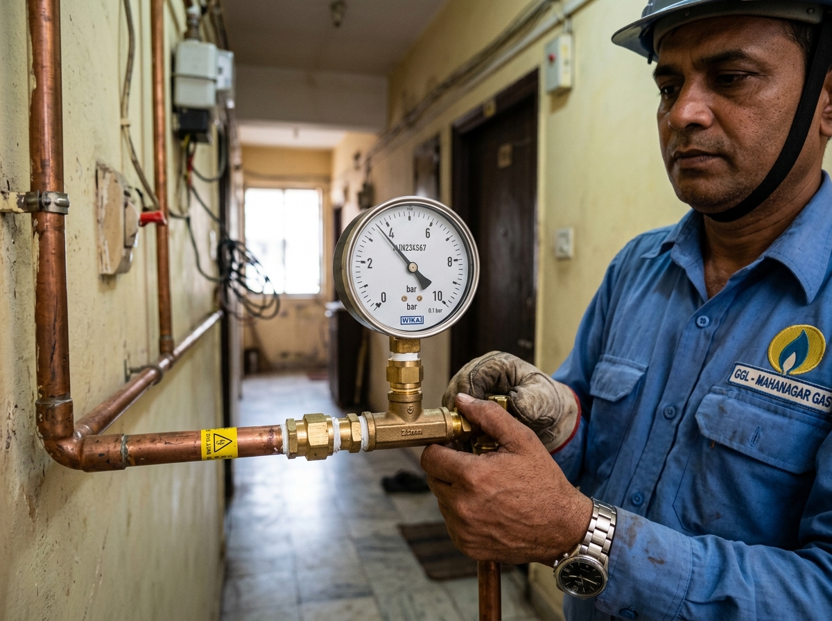 Professional technician performing gas pipeline pressure testing
